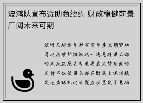 波鸿队宣布赞助商续约 财政稳健前景广阔未来可期