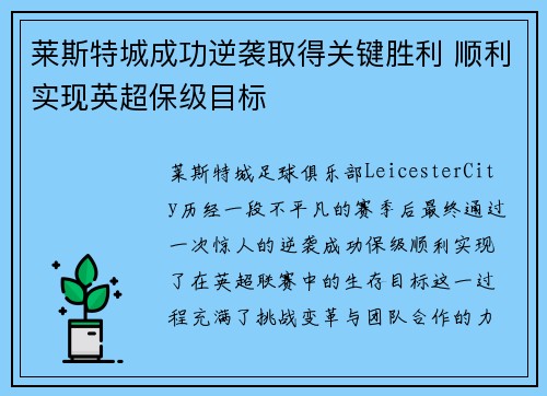 莱斯特城成功逆袭取得关键胜利 顺利实现英超保级目标