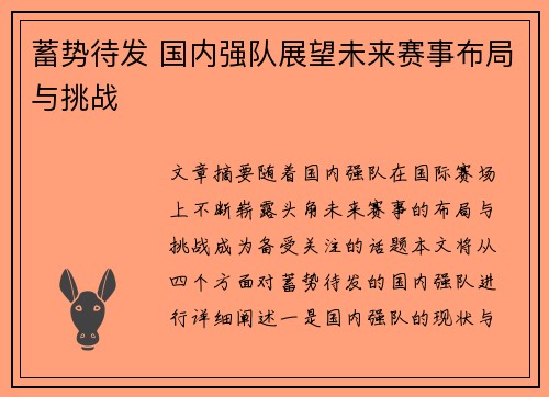 蓄势待发 国内强队展望未来赛事布局与挑战