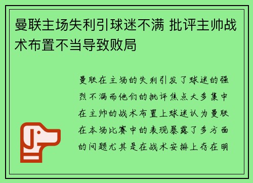 曼联主场失利引球迷不满 批评主帅战术布置不当导致败局