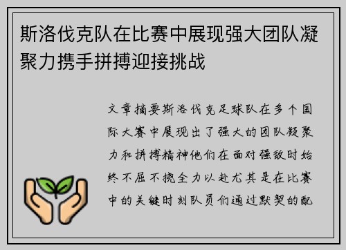 斯洛伐克队在比赛中展现强大团队凝聚力携手拼搏迎接挑战