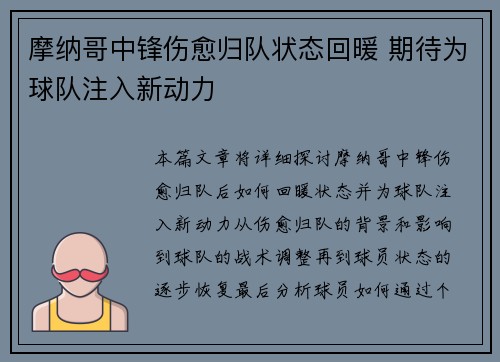摩纳哥中锋伤愈归队状态回暖 期待为球队注入新动力