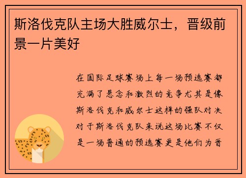 斯洛伐克队主场大胜威尔士，晋级前景一片美好