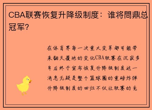 CBA联赛恢复升降级制度：谁将問鼎总冠军？
