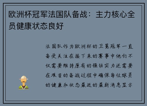 欧洲杯冠军法国队备战:主力核心全员健康状态良好