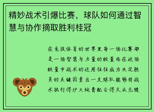 精妙战术引爆比赛,球队如何通过智慧与协作摘取胜利桂冠