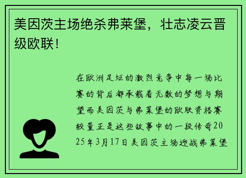 美因茨主场绝杀弗莱堡,壮志凌云晋级欧联!